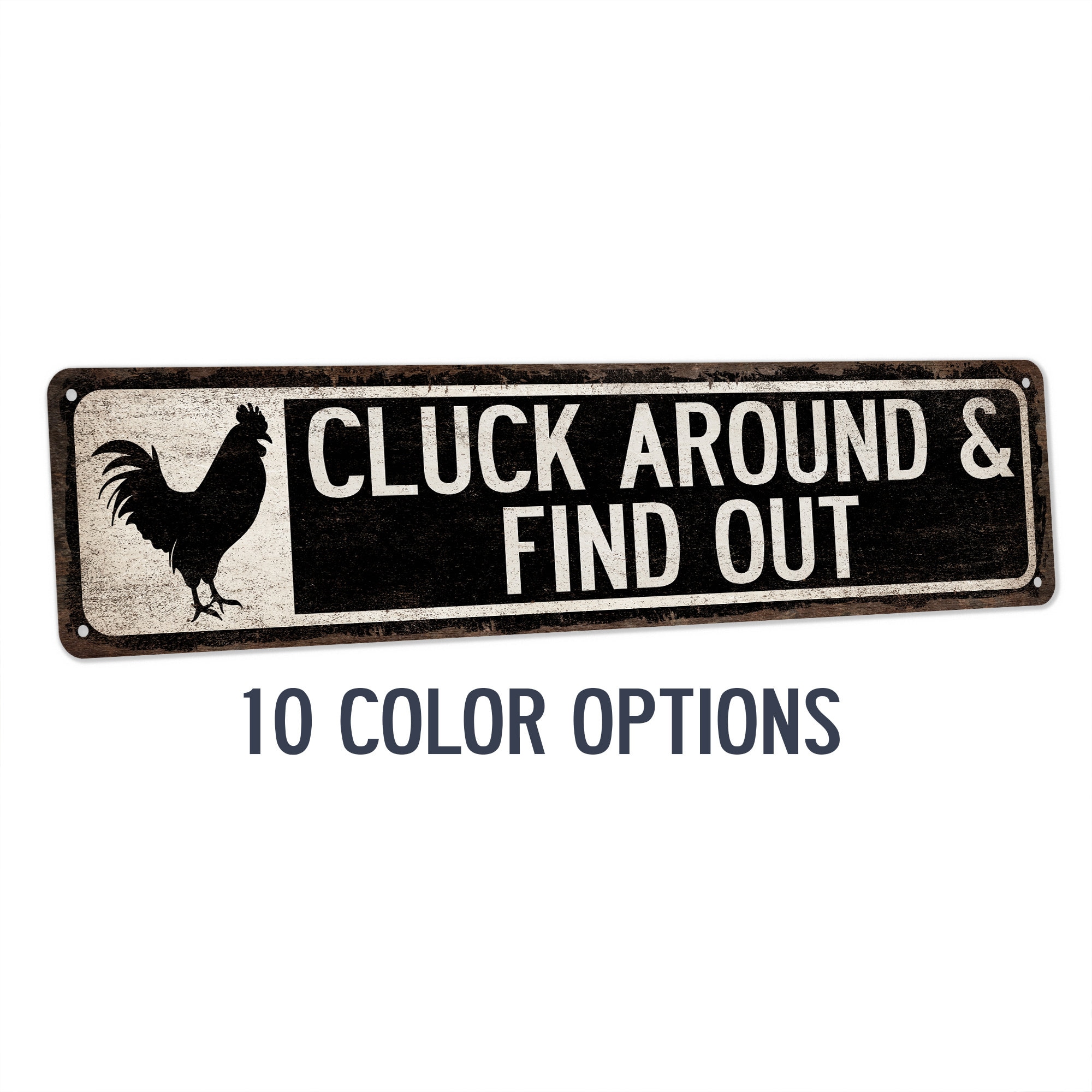 Wandschild 'Cluck Around And Find Chicken' – Rustikaler Hühner-Spruch In Metall