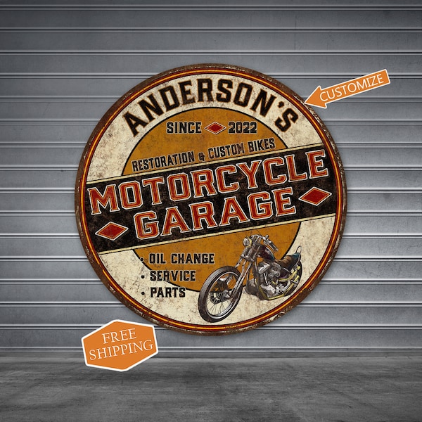 Personalized Motorcycle Garage Round Sign, Bike Garage, Shop, Den, Wall Decor, Mechanic, Vintage Sign Dad Gift 100142002006