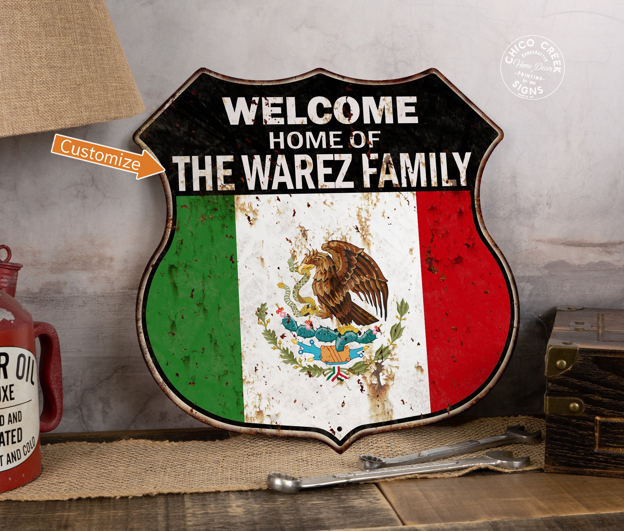 Personalized Mexican Flag Sign, Your Name Tu Nombre Familia