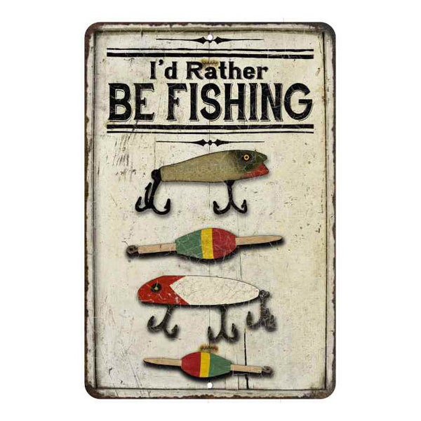 I'D Rather Be Fishing Sign, Fishing Wall Decor, Man Cave Garage Hunting Lodge, Lake House, Vintage Looking Chic Distressed Sign 108120020249