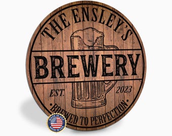 Personalized Brewery Sign, Custom Round Metal Home Bar Sign, Brewed to Perfection, Family Name Beer Sign, Beer Lover Gift, Made in USA