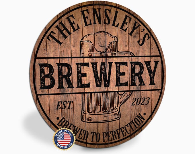 Personalized Brewery Sign, Custom Round Metal Home Bar Sign, Brewed to Perfection, Family Name Beer Sign, Beer Lover Gift, Made in USA