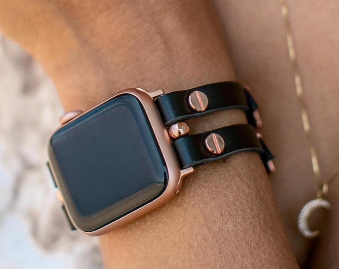 Rose Gold Apple Watch Band Black Leather Smartwatch Strap Women Smart Watch Bracelet 38mm 40mm 41mm 42mm 44mm 45mm 46mm Ultra 2