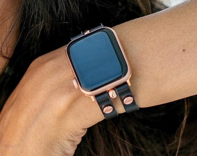 Women Apple Watch Band Black Leather Rose Gold Strap Bracelet