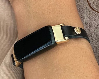 Black Leather & Gold Fitbit Luxe Band Slim Fitbit Luxe Bracelet Adjustable Fitbit Luxe Wristband Women Fitbit Luxe Tracker Jewelry Bands