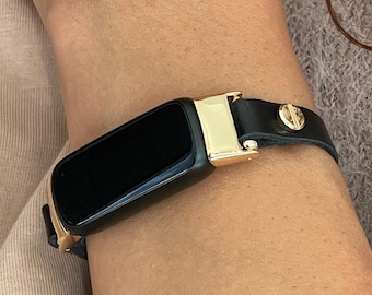 Handmade Fitbit Luxe Band Slim Black Leather & Gold Bracelet, Women Accessory,  Fitbit Luxe Bracelet, Luxury Jewelry, Gift Presents for Wife