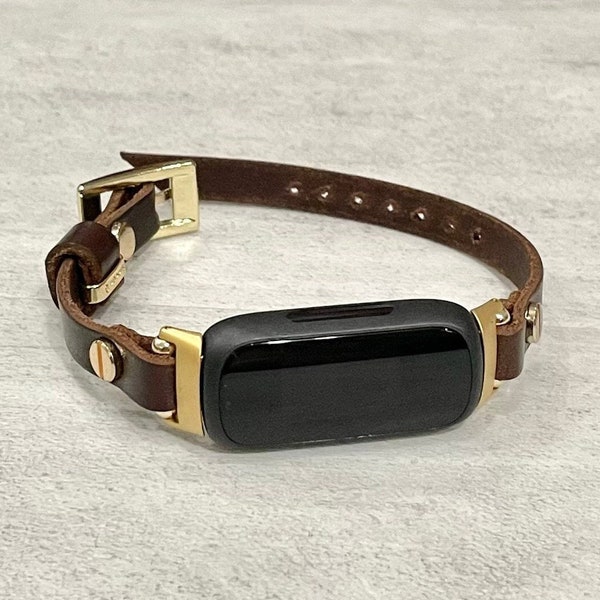 Italian Leather & Gold Fitbit Inspire 3 Bracelet Slim Band Fitbit Inspire 3 Dainty Strap Fitbit Inspire 3 Dark Brown Soft Leather Strap Band