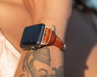 Slim Brown Leather Apple Watch Band for Women, Double Wrap Bracelet Strap, Gold Accents