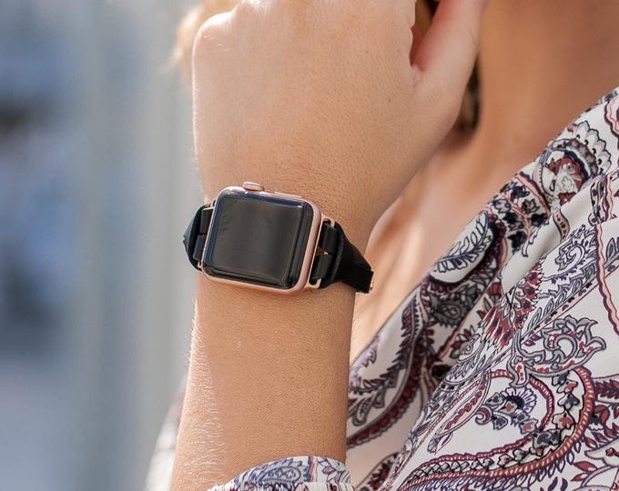 Apple Watch Leather Band: Slim Black Strap with Rose Gold Accents, Adjustable Bracelet