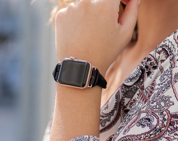 Black Leather Rose Gold Apple Watch Band: Slim 8mm Strap Bracelet