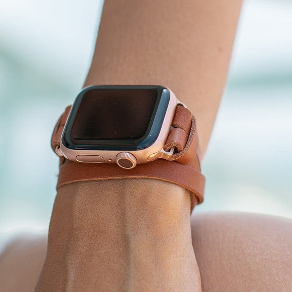 Or Rose Apple Watch Femmes Band Bracelet Marron Clair, Slim Apple Watch Cuir Double Wrap Strap Bijoux Brassard, 38mm 40mm 41mm 44mm 45mm