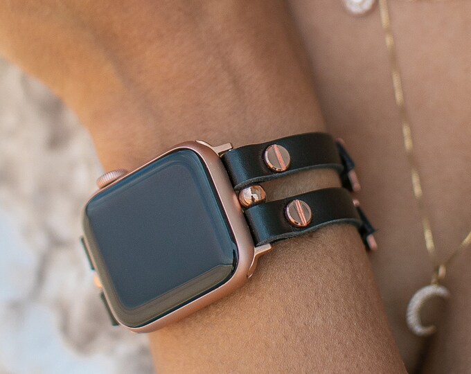 Black Leather Apple Watch Band: Adjustable Cuff Bracelet, Rose Gold Accents Strap