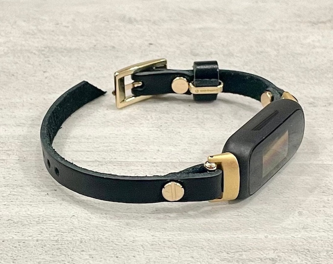 Black Leather & Gold Fitbit Inspire 3 Bracelet Slim Band Fitbit Inspire 3 Dainty Strap Fitbit Inspire 3 Tracker Soft Leather Strap Band