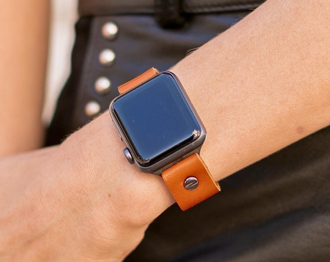 Handmade Caramel Brown Leather Apple Watch Band Strap Black Accents Bracelet