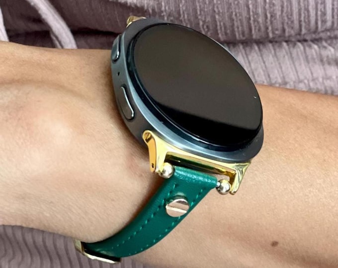 Emerald Green Galaxy Watch 8 Band Slim Leather Strap, Adjustable Bracelet