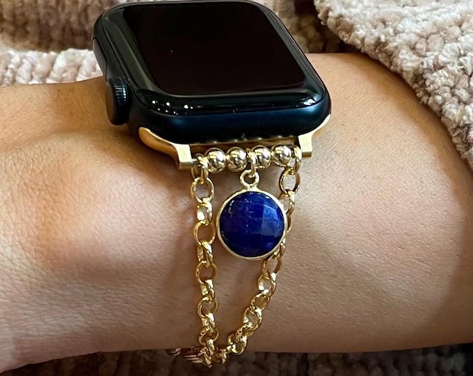 Luxury Apple Watch Chain Band Dyed Blue Sapphires Bracelet, Dainty Feminine Style Smart Watch Strap, Women Smartwatch Bracelet, Gift for Her