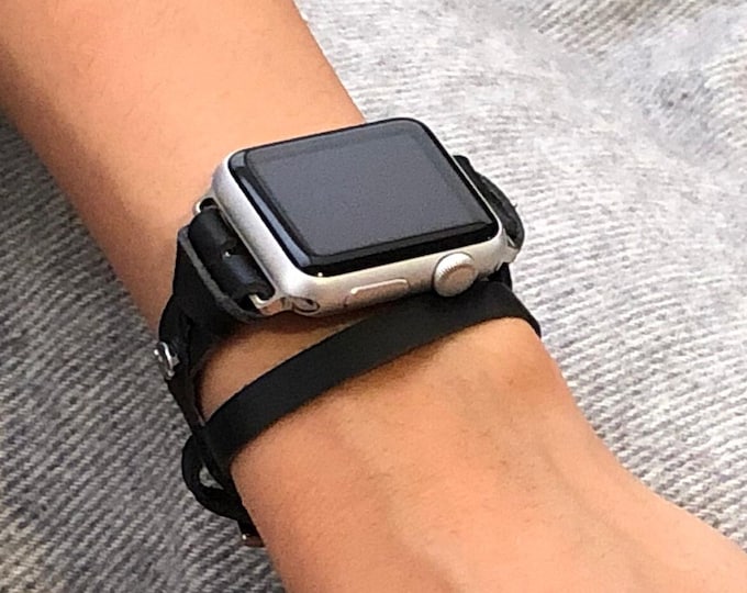 Black Leather Apple Watch Band 42mm 46mm 41mm 40mm 38mm 44mm 45mm, Slim Double Wrap Strap, Feminine Smartwatch Bracelet, Custom Watch Band