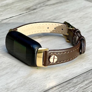 Brown Leather Fitbit Inspire 3 Tracker Band, Slim Strap with Gold Accents, Women Style Bracelet, Perfect for Daily Wear, Gift for Her