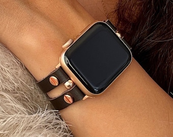 Leather Apple Watch Band 42mm 46mm Watch Strap, 41mm 45mm Apple Watch Bracelet, 38mm 40mm 44mm iWatch Straps Bands, Luxury Rose Gold Accents