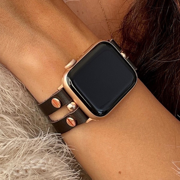 Double Straps Leather Apple Watch Band Rose Gold Bracelet