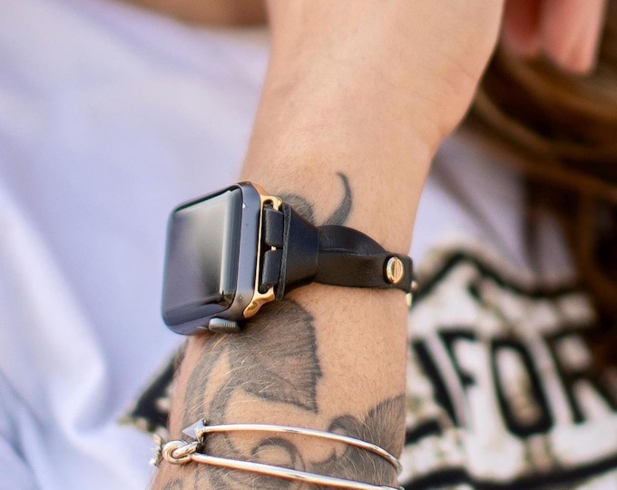 Slim Black Leather Apple Watch Band Women's iWatch Strap, Gold Accents Bracelet