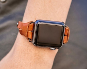Slim Brown Leather Apple Watch Band: Adjustable iWatch Bracelet