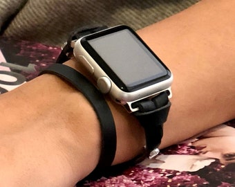 Black Leather Apple Watch Band 38mm 40mm 41mm 42mm 44mm 45mm Double Wrap iWatch Bracelet Silver Apple Watch Women Adjustable iWatch Strap