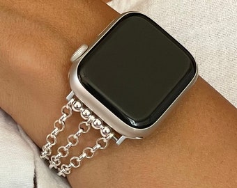 Sterling Silver Apple Watch Band, Women Jewelry Luxury Triple Chain Strap Bracelet