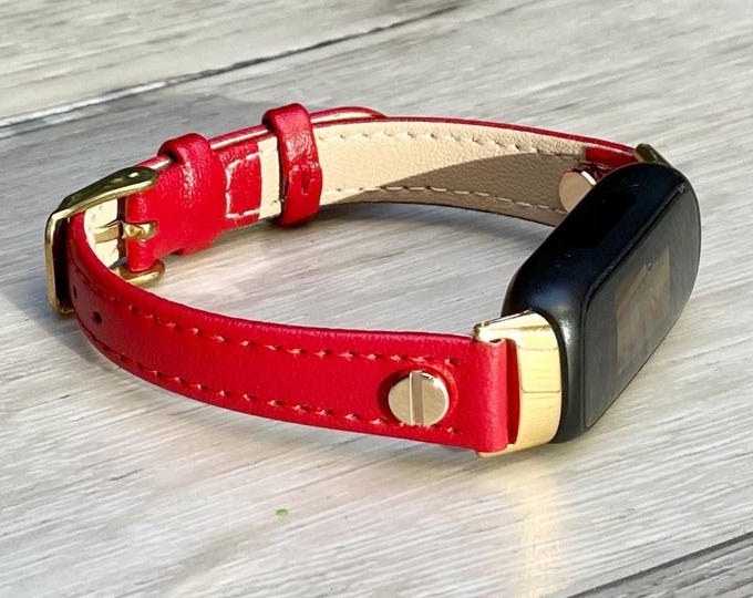Red Leather Fitbit Inspire 3 Band, Slim Strap Jewelry Gold Accents, Minimalist Women Style Bracelet, Perfect for Daily Wear, Gift for Her