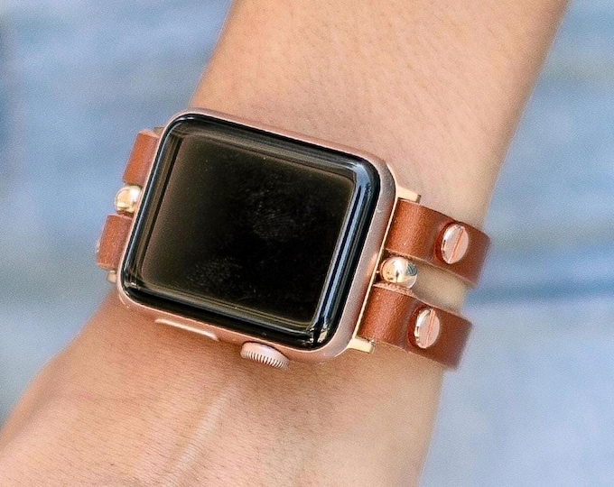 Brown Leather Apple Watch Band Rose Gold Clasp, Double Wrap Strap