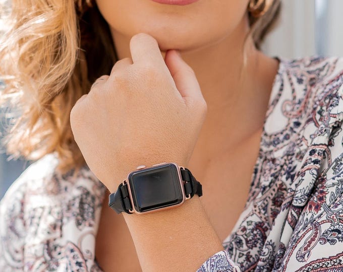 Black Leather Apple Watch Band 42mm 46mm 40mm 41mm 44mm 45mm 49mm 38mm Ultra, Women Watch Strap, Slim Bracelet Gift, Rose Gold Accents