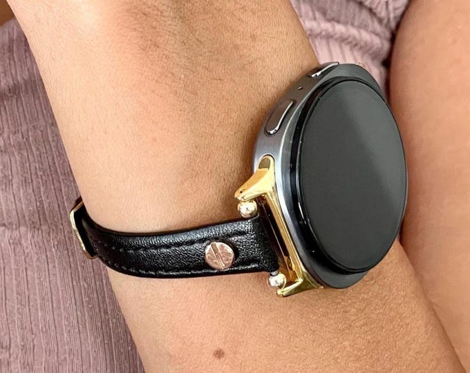 Galaxy Watch 8 Band, Slim Leather Strap for Women, Adjustable Bracelet, Silver/Gold Accents