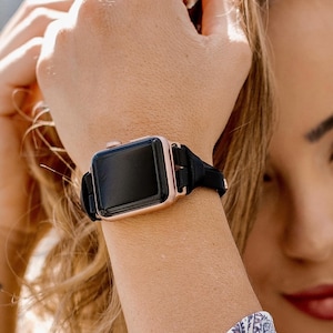 Slim Black Leather Apple Watch Band: Women&#39;s iWatch Jewelry