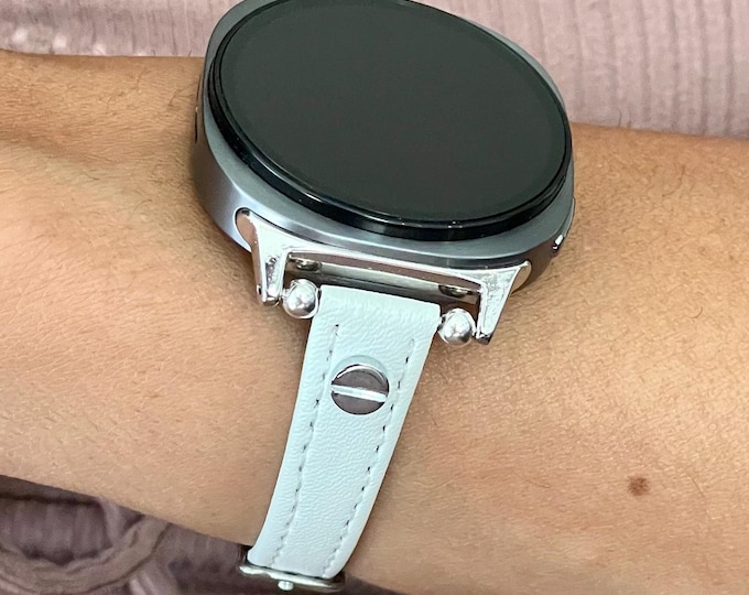 Handmade Leather Galaxy Watch 8 Band: Slim Pearl White Strap, Silver Accents