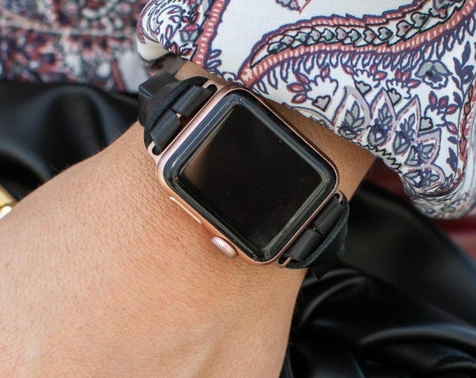 Slim Black Leather Apple Watch Band for Women, Adjustable Bracelet Strap, Personalized Gift, Handmade