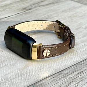 Fitbit Inspire 3 Band: Dark Brown Leather Strap with Gold Accents, Adjustable Size