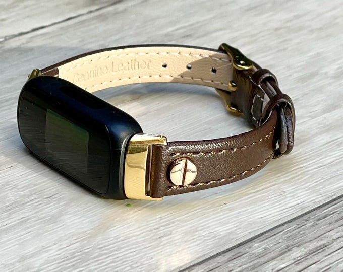 Fitbit Inspire 3 Band: Dark Brown Leather Strap with Gold Accents, Adjustable Size