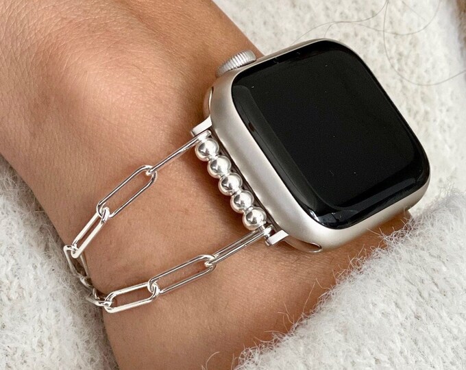 Sterling Silver Apple Watch Band Women 925 Chain Strap, Luxury Paperclip Chain Jewelry, Designer Women Bracelet, Gift for Her, Gift for Wife