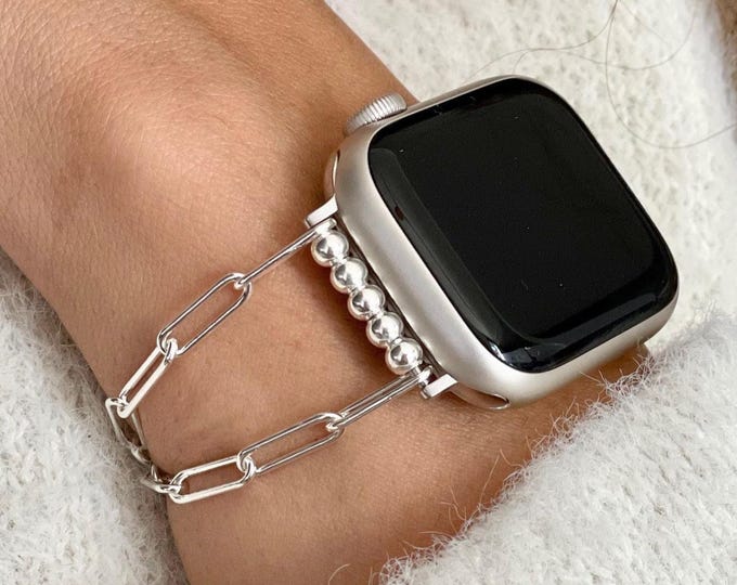 Sterling Silver Apple Watch Band Paperclip Chain Women Smartwatch Strap, Luxury Fitness Watch Band, Elegant Gift for Her