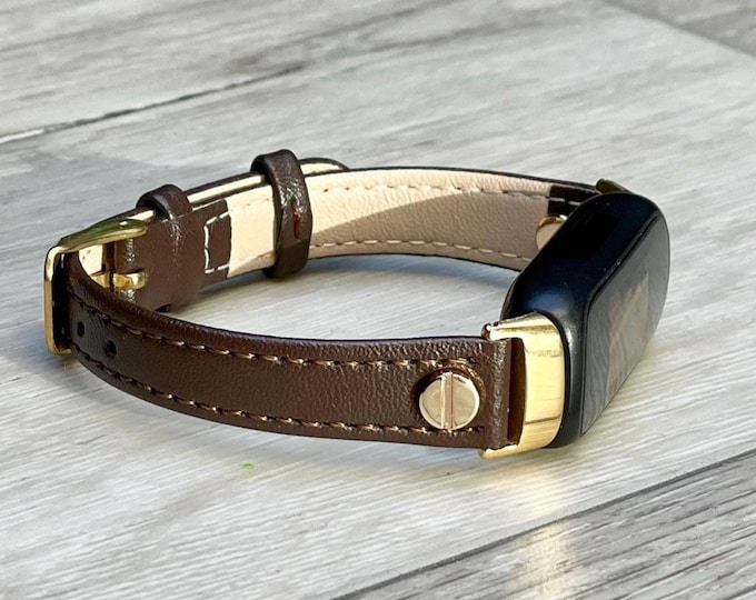 Fitbit Inspire 3 Band: Brown Leather Slim Fit Strap Bracelet with Gold Accents Adjustable Size 5.5" - 7.5"