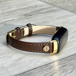 Women Style Slim Band for Fitbit Inspire 3 Tracker, Dark Brown Leather Strap Gold Accents Bracelet, Great Daily Wear Accessory, Gift for Her