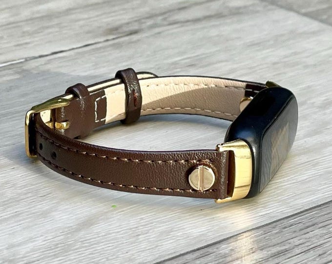 Women Style Slim Band for Fitbit Inspire 3 Tracker, Dark Brown Leather Strap Gold Accents Bracelet, Great Daily Wear Accessory, Gift for Her