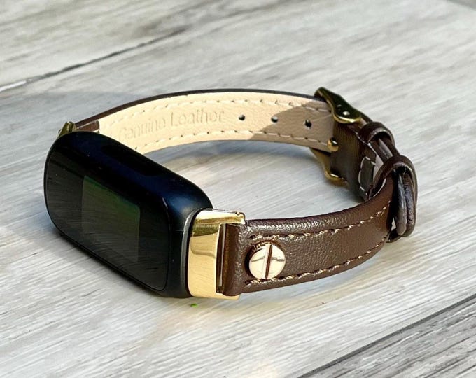 Fitbit Inspire 3 Band Slim Brown Leather Strap Gold Accents Bracelet