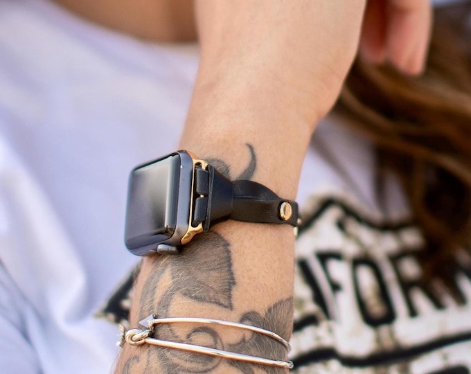 Slim Black Leather Apple Watch Band: Gold Accent Strap iWatch Bracelet