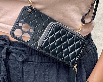 Personalized Leather iPhone Case with Crossbody Strap & Zipper Wallet, Pro Plus Max Air