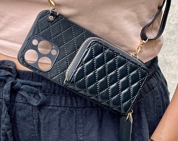 Crossbody Shoulder Strap iPhone Case for 16 Pro 15 Max 14 Plus 13 Pro Max, Personalized Leather Phone Case with Zipper Wallet, Gift for Her