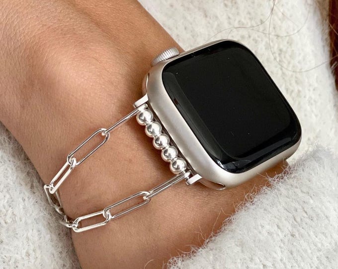 Sterling Silver Paperclip Chain Apple Watch Band for Women, Adjustable Strap Bracelet