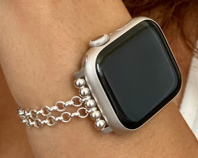 Sterling Silver Rolo Chain Apple Watch Band for Women, Adjustable Bracelet Strap