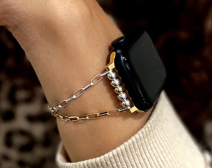 Luxury Apple Watch Band Women Chain Strap Bracelet, Two Tone Sterling Silver and Gold Filled Chains Jewelry, Smartwatch Apple Watch Band