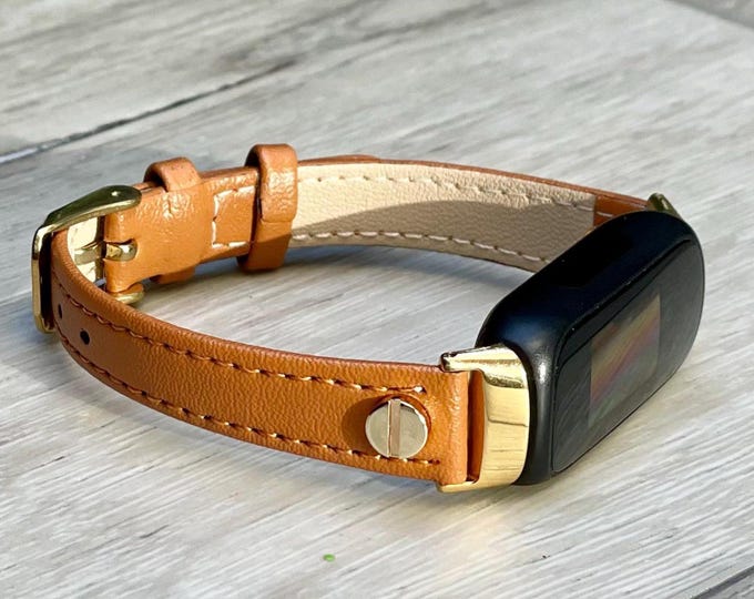 Light Brown Leather Fitbit Inspire 3 Band, Slim Strap Jewelry Gold Accents, Minimalist Women Bracelet, Gift for Her, Perfect for Daily Wear